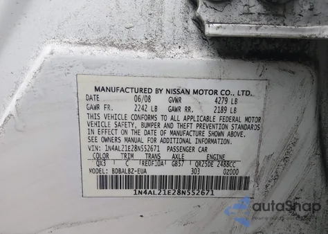 2008 Nissan Altima 2.5 S from USA, damaged, VIN 1N4AL21E28N552671